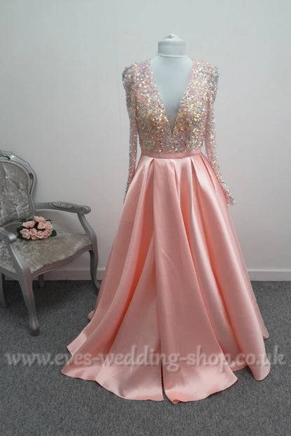 Pink mikado satin sequin prom dress with sleeves and pockets UK 12