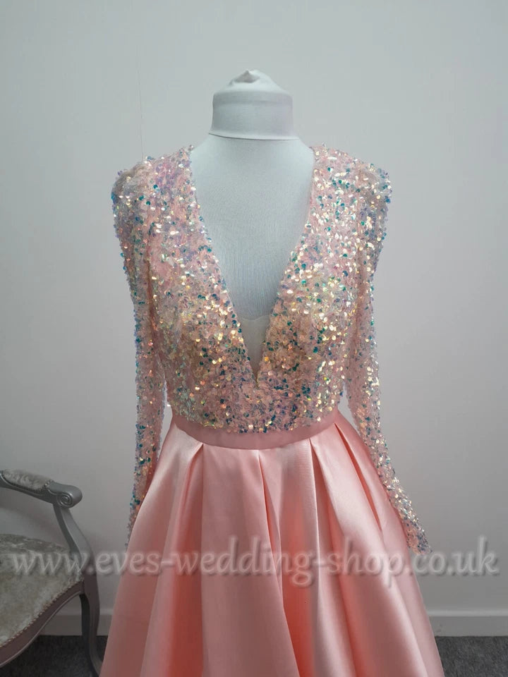 Pink mikado satin sequin prom dress with sleeves and pockets UK 12