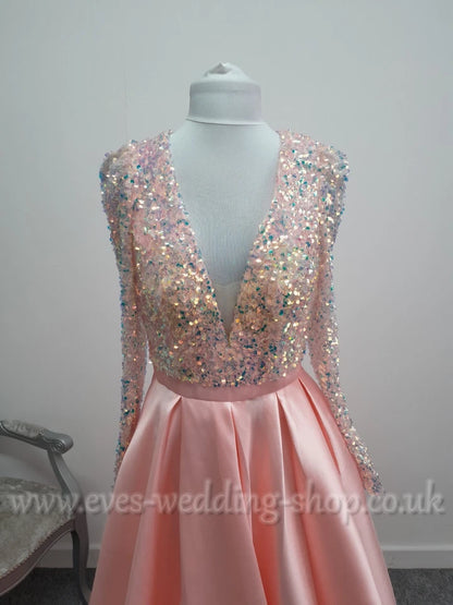 Pink mikado satin sequin prom dress with sleeves and pockets UK 12