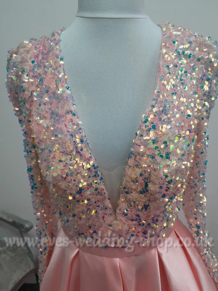 Pink mikado satin sequin prom dress with sleeves and pockets UK 12