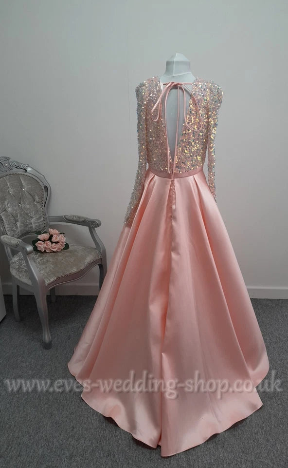 Pink mikado satin sequin prom dress with sleeves and pockets UK 12