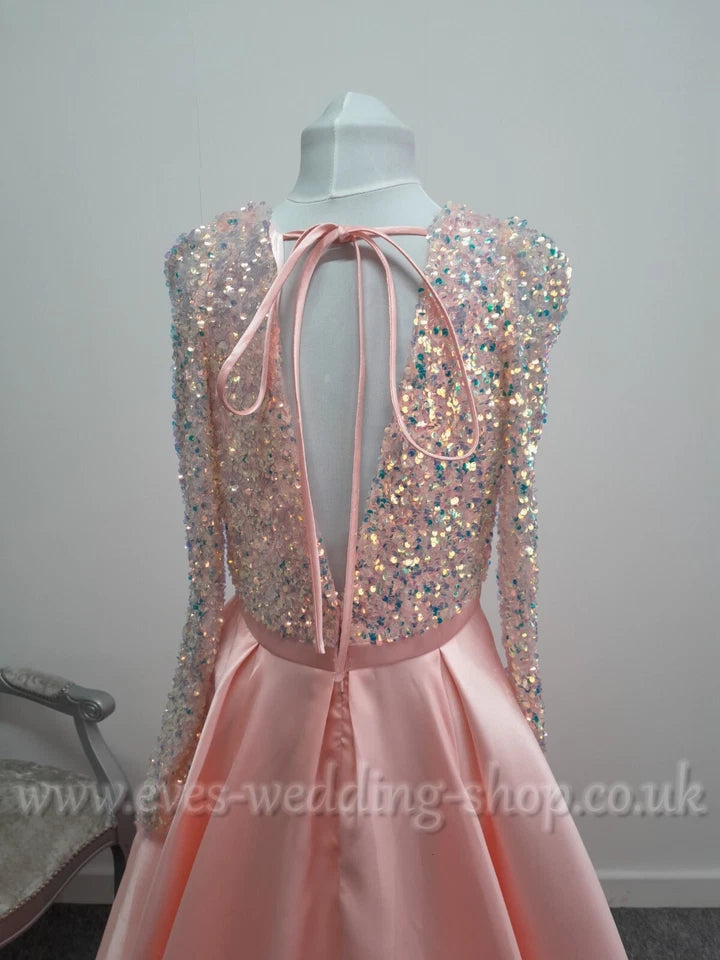 Pink mikado satin sequin prom dress with sleeves and pockets UK 12