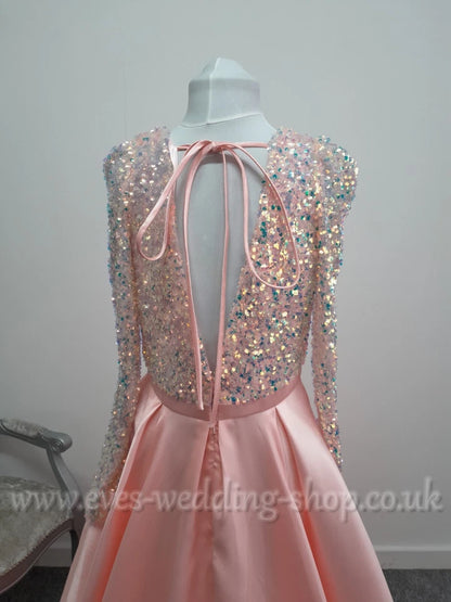 Pink mikado satin sequin prom dress with sleeves and pockets UK 12